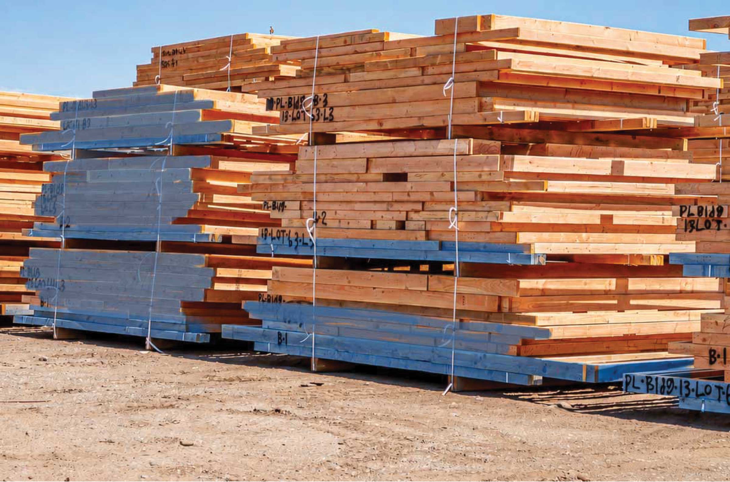 Prefabricated wall panels with treated plates staged for shipment