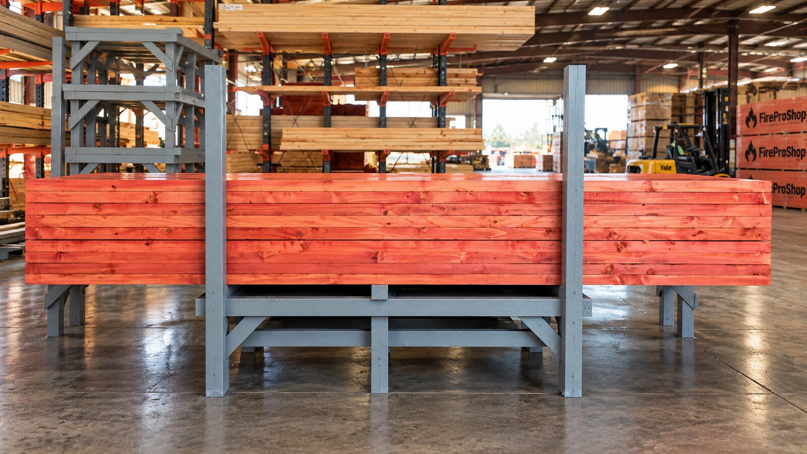 FireProShop Class A fire treated lumber stacked in the warehouse before shipping
