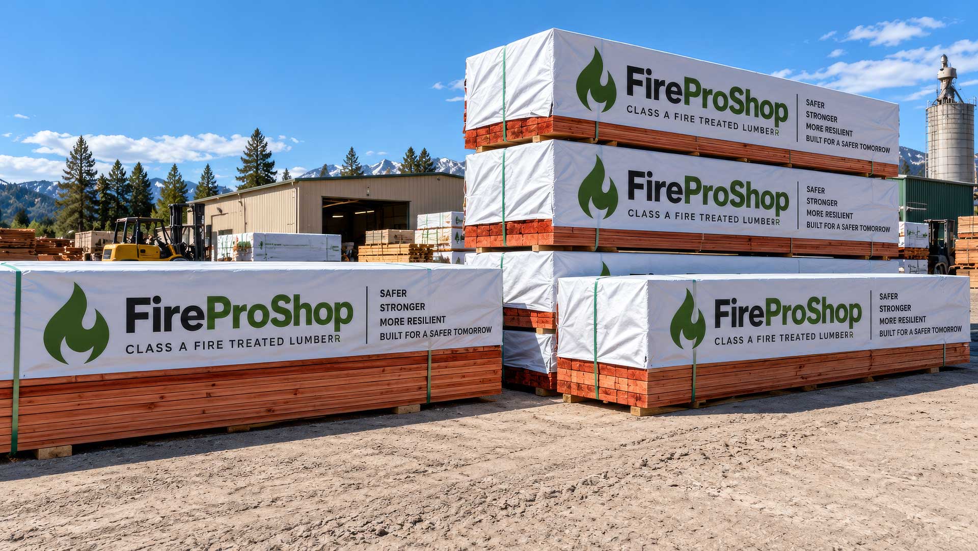 FireProShop Class A fire treated lumber bundles staged at the mill