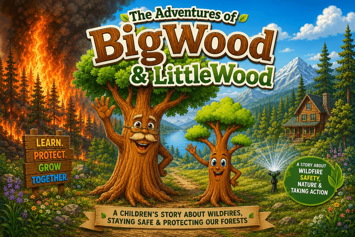 Cover of The Adventures of BigWood & LittleWood, a children's story about wildfires, staying safe and protecting our forests