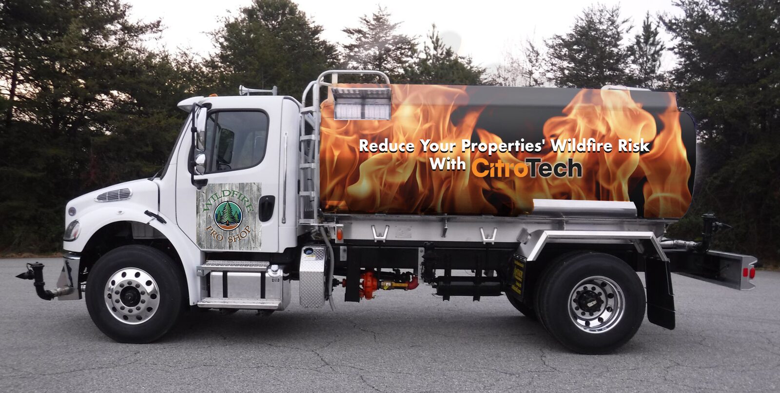 Tanker truck wrapped with the message Reduce Your Property's Wildfire Risk With CitroTech