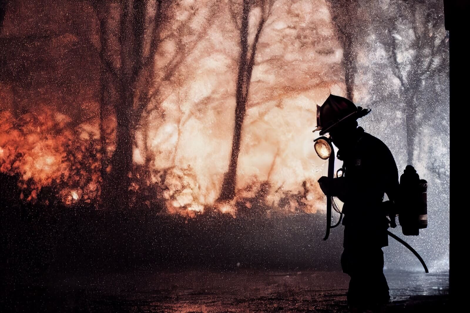 Silhouette of a firefighter in front of a forest fire at night