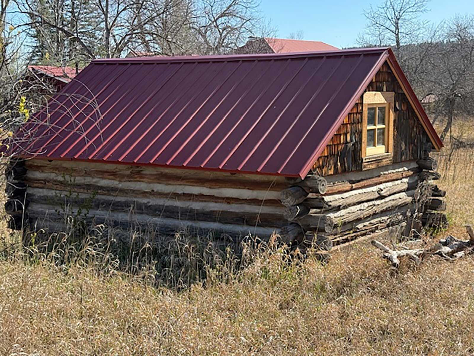 Historic log cabin with a red metal roof in dry grass