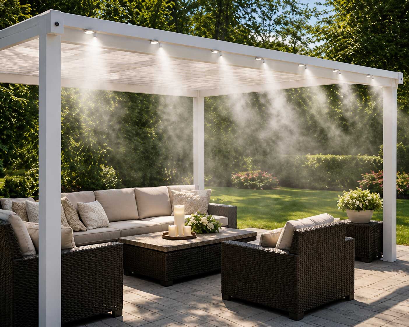 Patio pergola with a mist system spraying over outdoor furniture