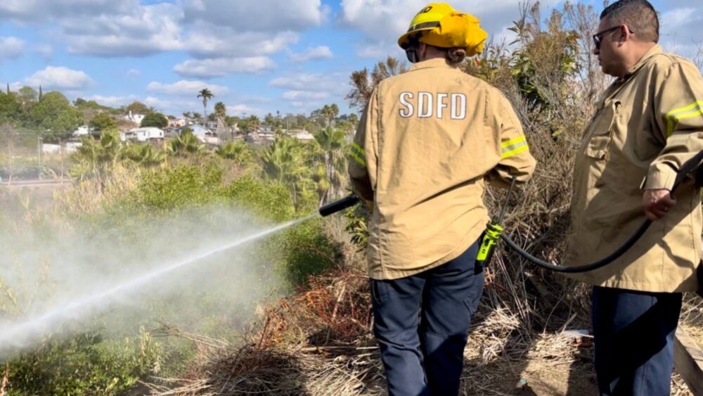 San Diego Fire-Rescue firefighters spraying vegetation on a hillside