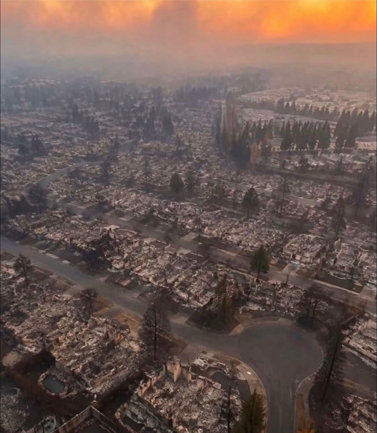 Aerial view of a neighborhood burned in the Spokane, Washington wildfires